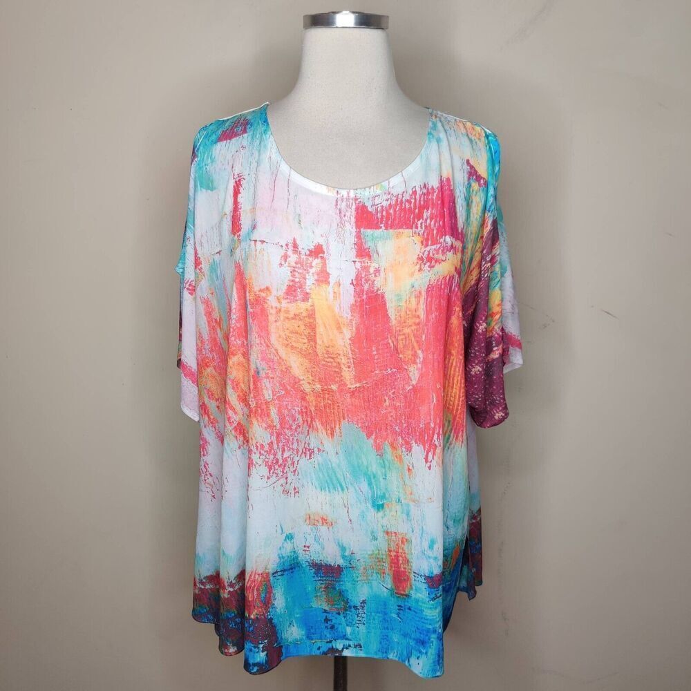 Jess &‎ Jane Blouse Cold Shoulder Flowy Colorful Abstract